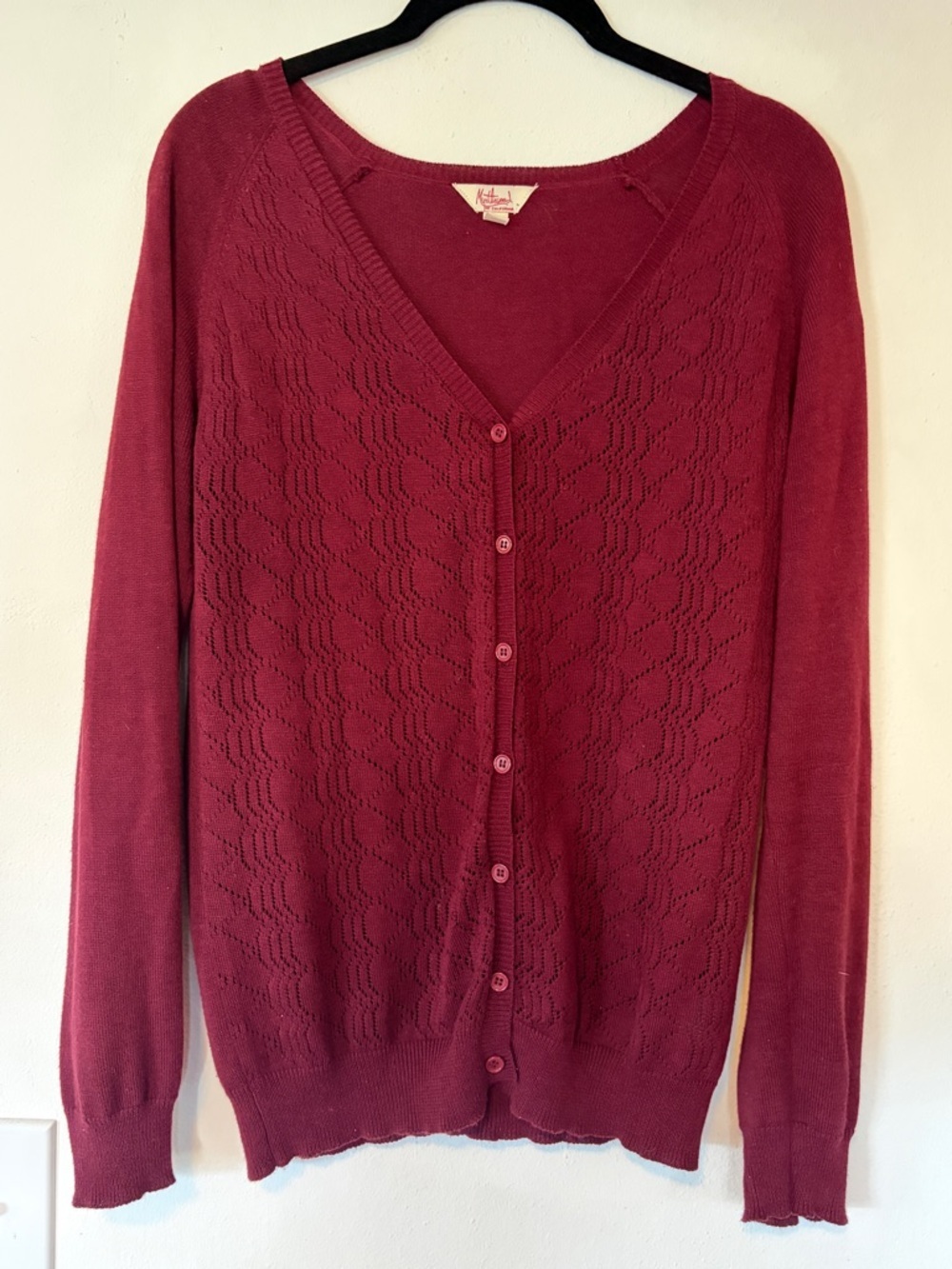 Modcloth Burgundy Pointelle V-Neck  Button-Up Cardigan Sweater, Like New! - Picture 3 of 10